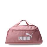 Bolso deportivo Puma Phase Small Sports Bag color rosado, con asas de mano, bolsillo frontal con cierre y el logo grande de la marca en blanco en el frente.