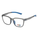 Armazón de anteojos MDQ modelo T45, con frente y patillas de acetato en tono gris traslúcido y detalles en azul en las terminales y puente nasal.