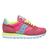Championes Saucony Jazz Original de dama, color rosa con detalles en celeste y amarillo flúor. Capellada de nylon y gamuza, entresuela de goma EVA y suela de caucho.