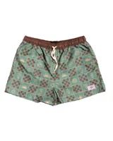 Short de baño verde con estampado de figuras geométricas en marrón y beige, cintura elastizada con cordón ajustable.