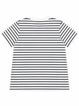 Remera de manga corta con diseño de rayas horizontales en color negro y blanco, cuello redondo y corte clásico.