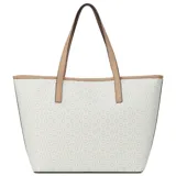 Cartera tipo tote bag Guess modelo Keira, color blanco con monograma de la marca en tono tostado y asas de hombro en color tostado. Incluye un pequeño bolso de mano o neceser a juego.