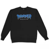 Buzo negro de cuello redondo marca Thrasher, con logo Jagged en color azul.