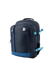Mochila de color azul marino con detalles en azul claro vibrante, incluyendo cierres, correas ajustables y base. Presenta un compartimento principal y un bolsillo frontal con cierre vertical. Incluye el logo de Discovery en el frente.