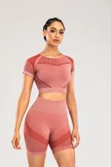 Remera deportiva color ladrillo, de corte crop top, con cuello redondo y mangas cortas. Presenta paneles de tejido calado en hombros y laterales.