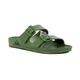 Sandalias tipo Birkenstock de la marca Quiksilver, color verde oliva, con doble tira ajustable con hebillas y logo de la marca grabado en el lateral.