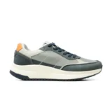Championes deportivos American Sport modelo Jaume de estilo urbano, con combinacion de tonos gris, azul marino y detalles en naranja. Cuentan con capellada de malla transpirable, refuerzos sinteticos, cordonera tradicional y suela chunky de goma blanca con estrias.