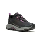 Championes Merrell Speed Strike 2 para mujer, color negro con detalles en violeta y gris. Diseñados para trekking, con capellada sintética y de malla, cordones y correas 100% reciclados, cuello acolchado, talón y puntera protectores, y suela de goma adherente Merrell.