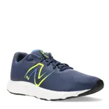 Championes de running New Balance modelo 420 V2, color azul marino con detalles en amarillo neón y celeste. Presentan una capellada de malla transpirable con refuerzos sintéticos, logo lateral característico y suela de goma con entresuela amortiguada.
