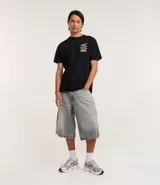 Remera negra de algodón, corte comfort, manga corta y cuello redondo. Presenta un estampado grande en la espalda del personaje Coiote de Looney Tunes con el texto "Destined to Crash and Burn" en colores vibrantes.