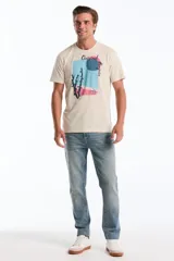 Remera de manga corta color beige, con cuello redondo y diseño gráfico estampado en el frente que incluye un cactus, formas abstractas en tonos celestes y rosados, y la inscripción "Original Penguin".
