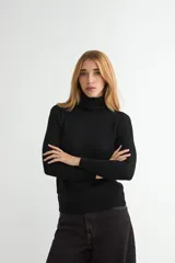 Polera de cuello alto y manga larga, confeccionada en tejido de punto fino con puños y ruedo acanalados.