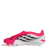 Championes de fútbol Adidas Predator League para terreno firme, con diseño de lengua plegable. Presentan una combinación de colores fucsia vibrante, blanco y detalles en negro, incluyendo las icónicas tres tiras laterales.