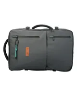 Mochila maletín gris RKF de poliéster reciclado repelente al agua, con tres compartimientos independientes con cierre, espacio para laptop de 15 pulgadas, triple bolsillo frontal, mango lateral, correas ajustables y broches laterales.