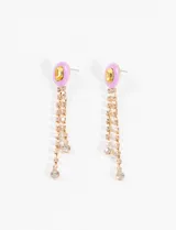Aros colgantes dorados con strass, con base superior ovalada color lila y dije central amarillo.