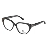 Armazón de anteojos Teresa Calandra modelo C43Z, de diseño estilo cat-eye en color gris traslúcido. Presenta detalles metálicos en los extremos frontales y un patrón grabado en las patillas con el logo de la marca.