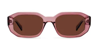 Lentes de sol geométricos color rosa con lentes marrones polarizados.