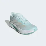 Championes de running Adidas Duramo SL 2, color celeste menta con detalles plateados y suela blanca con detalles en verde menta. Presentan tres franjas laterales plateadas y tecnología LIGHTMOTION en la mediasuela.