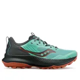 Championes Saucony Blaze TR de dama para trail running, con capellada de malla color celeste, detalles en gris y logo en color ladrillo. Suela de goma con tecnología PWRRUN para amortiguación y agarre en terrenos irregulares.