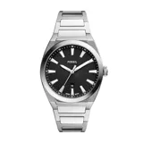 Reloj analógico Fossil Everett con caja de acero inoxidable de 42 mm y pulsera de eslabones a tono. Presenta una esfera negra con textura concéntrica, índices aplicados luminiscentes, manecillas plateadas y ventana de fecha a las seis. Movimiento de cuarzo con cristal mineral y resistencia al agua de 5 ATM.