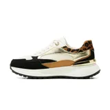 Championes sneakers Korium modelo Maia, con diseño multicolor que combina negro, tostado, blanco, detalles metalizados en dorado y talón con estampado animal print. Presentan suela gruesa y cordones blancos.