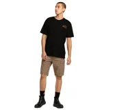 Remera Volcom de manga corta, color negro, con diseño clásico de cuello redondo y pequeño estampado naranja en el pecho con el logo de la marca.