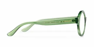 Lentes blueblocker con armazón redondo de acetato en color verde y cristales transparentes.