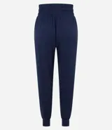 Pantalón de jogging deportivo azul con cintura ajustable con cordón, bolsillos laterales y tobillos ajustados.