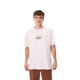 Remera de corte oversize color blanco, con cuello redondo y estampa frontal pequeña con la frase 'Stay close to the source'.