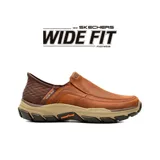 Zapatos casuales Skechers Slip-ins Relaxed Fit Respected Elgin de cuero marrón, con diseño sin cordones estilo mocasín, talón moldeado y suela Goodyear.