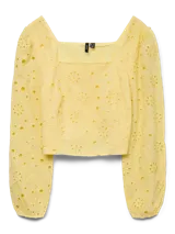 Blusa corta amarilla de algodón con cuello cuadrado, mangas abullonadas y bordado con patrón de ojales.