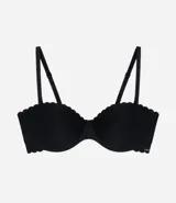 Soutien negro liso, sin tirantes, con relleno y detalle de borde festoneado.