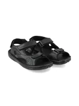 Sandalias de cuero color negro, de diseño ergonómico con múltiples tiras, aberturas laterales y cierres de velcro ajustables en el empeine y el talón.