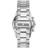 Reloj Maserati Competizione con caja de acero plateado de 43mm, bisel cerámico verde, esfera negra, cristal mineral, movimiento de cuarzo, cronógrafo y fechador. Resistente al agua hasta 100 metros.