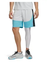 Short de básquetbol Under Armour modelo Curry Splash, con diseño en bloques de color blanco y celeste, y detalles en negro. Confeccionado en tejido de punto texturizado, cuenta con cintura elástica con cordón, bolsillos laterales y aberturas en el bajo.