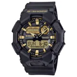 Reloj Casio G-Shock analógico-digital con caja robusta de resina y carbono, correa de resina negra y esfera negra con detalles en dorado. Cuenta con resistencia a impactos, múltiples funciones digitales y resistencia al agua de 200 metros.