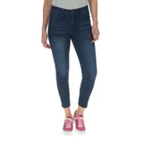 Jeans skinny de denim azul índigo con efecto lavado y roturas sutiles, de corte ajustado y tiro medio.