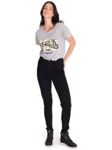Pantalón de jean negro de corte ajustado, con diseño clásico de cinco bolsillos, cierre frontal con cremallera y botón metálico.