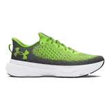 Championes de running Under Armour modelo Infinite, con tecnología de amortiguación HOVR. Presentan un diseño en degradado de color verde neón y gris oscuro, con suela blanca y logo de la marca en el lateral.