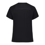 Remera deportiva de manga corta y cuello redondo, color negro, diseñada con costuras raglán y un corte cómodo y transpirable para actividad física.