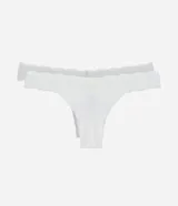 Kit de dos bombachas tipo bikini de hilo, una blanca y otra gris claro, ambas con cintura de encaje. Confeccionadas en algodón certificado.
