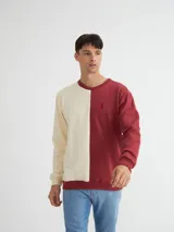 Buzo a la base con bloque de color en vertical, azul y verde. Bordado en pecho. Felpa con friza.