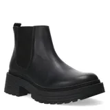 Bota estilo Chelsea de cuero negro con paneles elásticos laterales y suela track de plataforma dentada.
