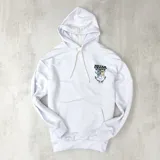 Canguro blanco de algodón sin felpa, con capucha y estampado en la espalda con la frase "Never Ending Story" y un diseño de dos personajes animados.