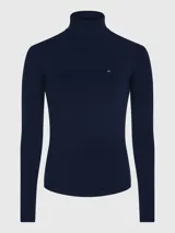 Remera azul marino de corte slim con cuello tortuga y mangas largas. Tejido acanalado y logo de Tommy Hilfiger bordado en el pecho.