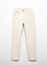 Jeans estilo mom-fit de tiro alto color beige, confeccionados en tejido elástico de algodón, con diseño de cinco bolsillos, trabillas y cierre frontal de cremallera y botón.