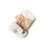 Guantes sin dedos de color beige con bordes de piel sintética blanca, confeccionados en material tipo gamuza.
