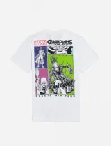 Remera blanca de manga corta con estampa rectangular de los Guardianes de la Galaxia en el frente.