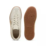 Championes Puma modelo Palermo LTH, de diseño clásico con base de cuero blanco, detalles en gamuza gris y la icónica franja lateral en negro. Presenta una suela de goma color caramelo y el logo de la marca en el lateral.