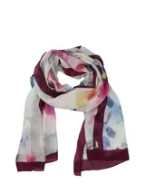 Pañuelo rectangular Rockford de seda natural, con diseño estampado multicolor en tonos claros y bordes en color bordó con detalles decorativos.